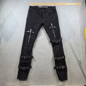 HT Denim Stinger Mens 30x32 Skinny Jeans Black Punk Buckle Strap Zipper